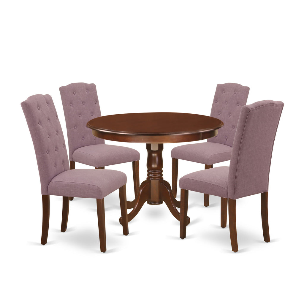 HLCE5-Y3R-GF Classic 5-Piece Dining Collection Featuring Round Table & 4 Upholstered Dahlia Parson Chairs, 42-Inch Mahogany Finish