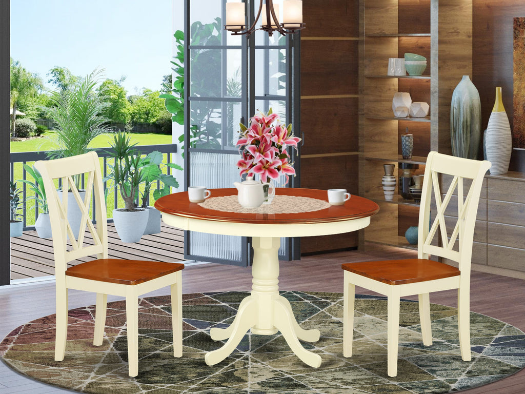 HLCL3-VTA-P 3 Piece Dining Set with Round Table & 2 Chairs in Elegant Buttermilk Cherry Finish, 42