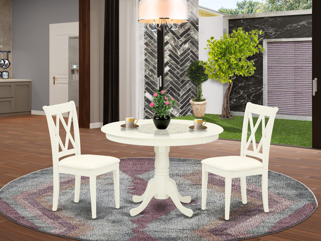 HLCL3-7HM-Z Stylish 3-Piece Dining Round Set with Pedestal Table and Linen-Covered Chairs, White Finish