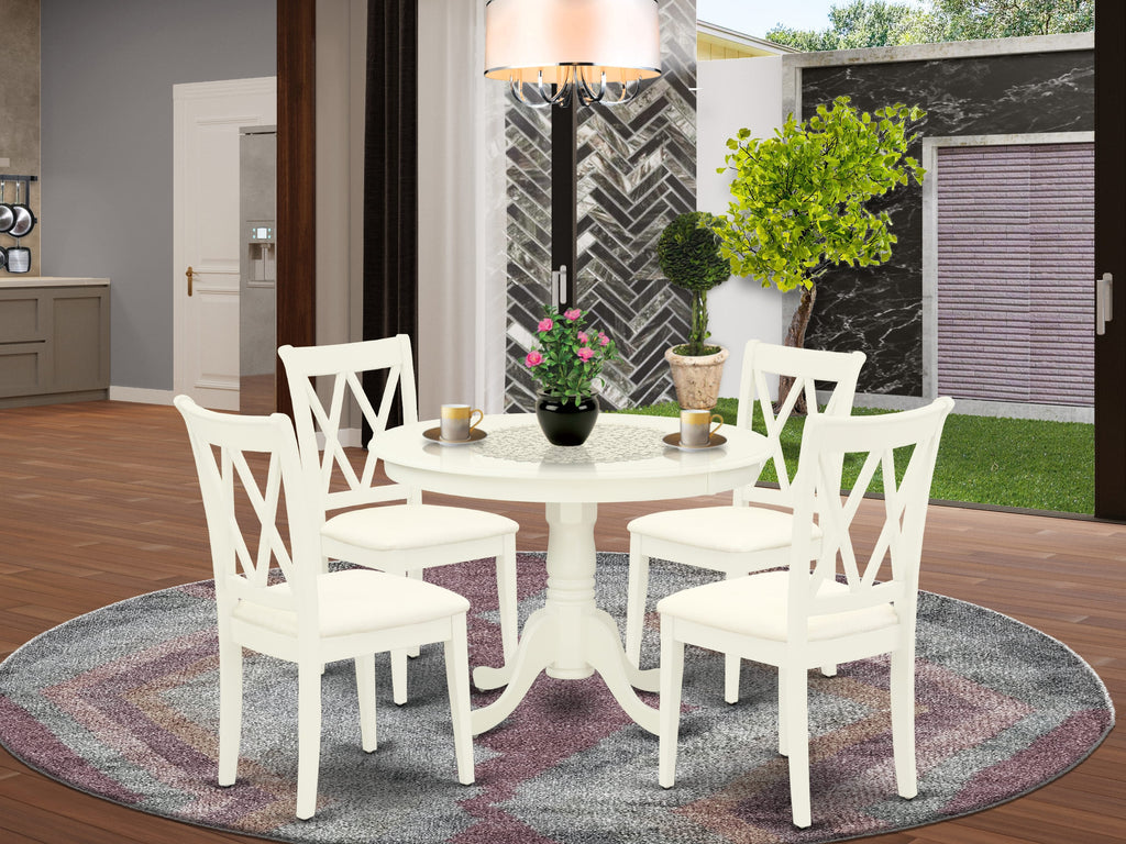 HLCL5-WQH-Z Stunning 5-Piece Round Dining Set with Pedestal Base & 4 Upholstered Chairs - Elegant Linen White Finish