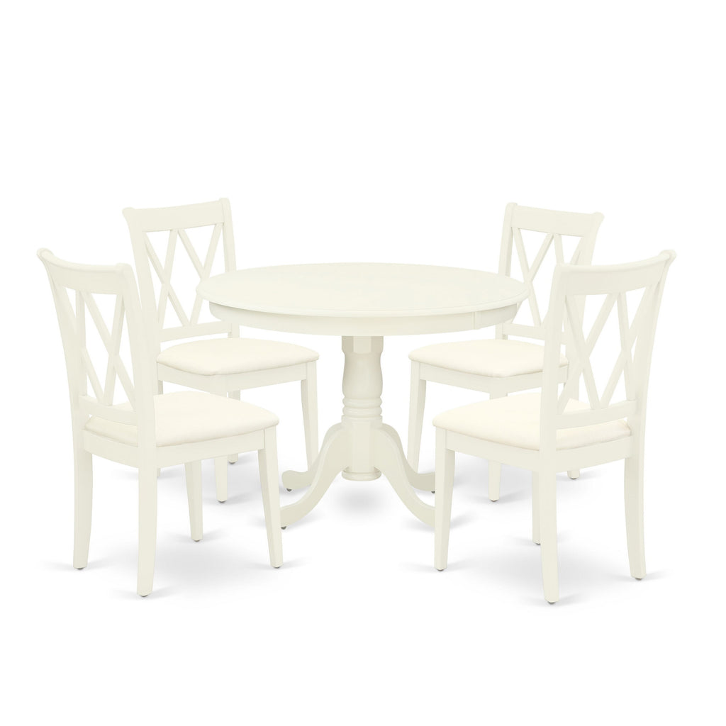 HLCL5-WQH-Z Stunning 5-Piece Round Dining Set with Pedestal Base & 4 Upholstered Chairs - Elegant Linen White Finish
