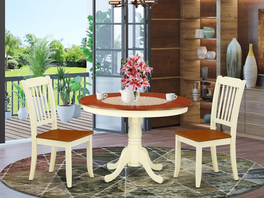 HLDA3-QZ6-E 3-Piece Contemporary Dining Set with Circular Wooden Pedestal Table & Pair of Chic Chairs, 42x42 Inch, Buttermilk & Cherry