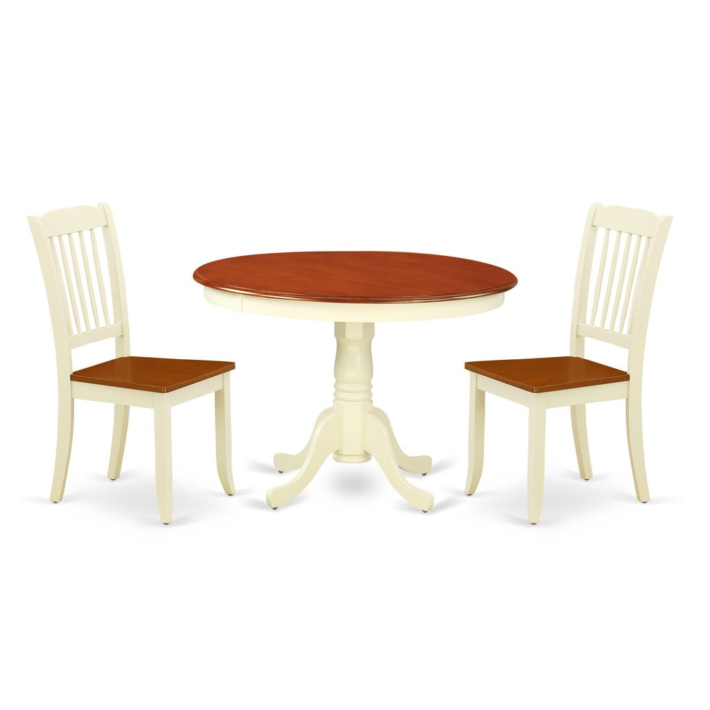 HLDA3-QZ6-E 3-Piece Contemporary Dining Set with Circular Wooden Pedestal Table & Pair of Chic Chairs, 42x42 Inch, Buttermilk & Cherry