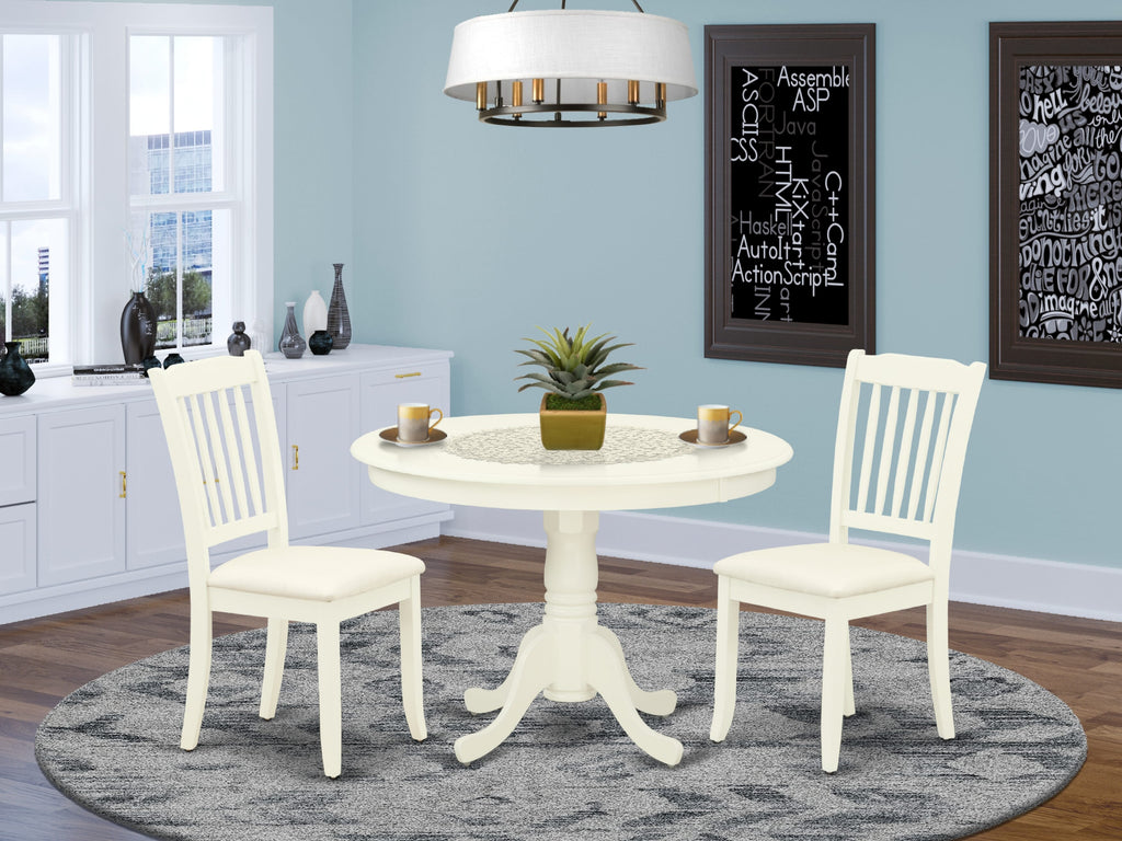 HLDA3-VWQ-T Dining Ensemble Pedestal Table with 2 Upholstered Linen Chairs, 42-inch White Finish