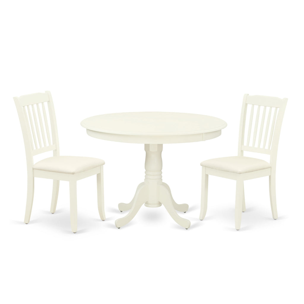 HLDA3-VWQ-T Dining Ensemble Pedestal Table with 2 Upholstered Linen Chairs, 42-inch White Finish