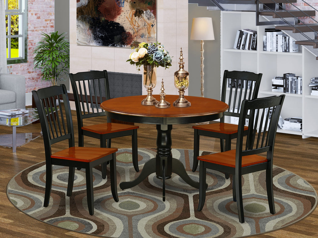 HLDA5-TY9-M 5 Piece Dinette Set Round Table with Pedestal & 4 Chairs, 42 x 42 Inch, Cherry & Black
