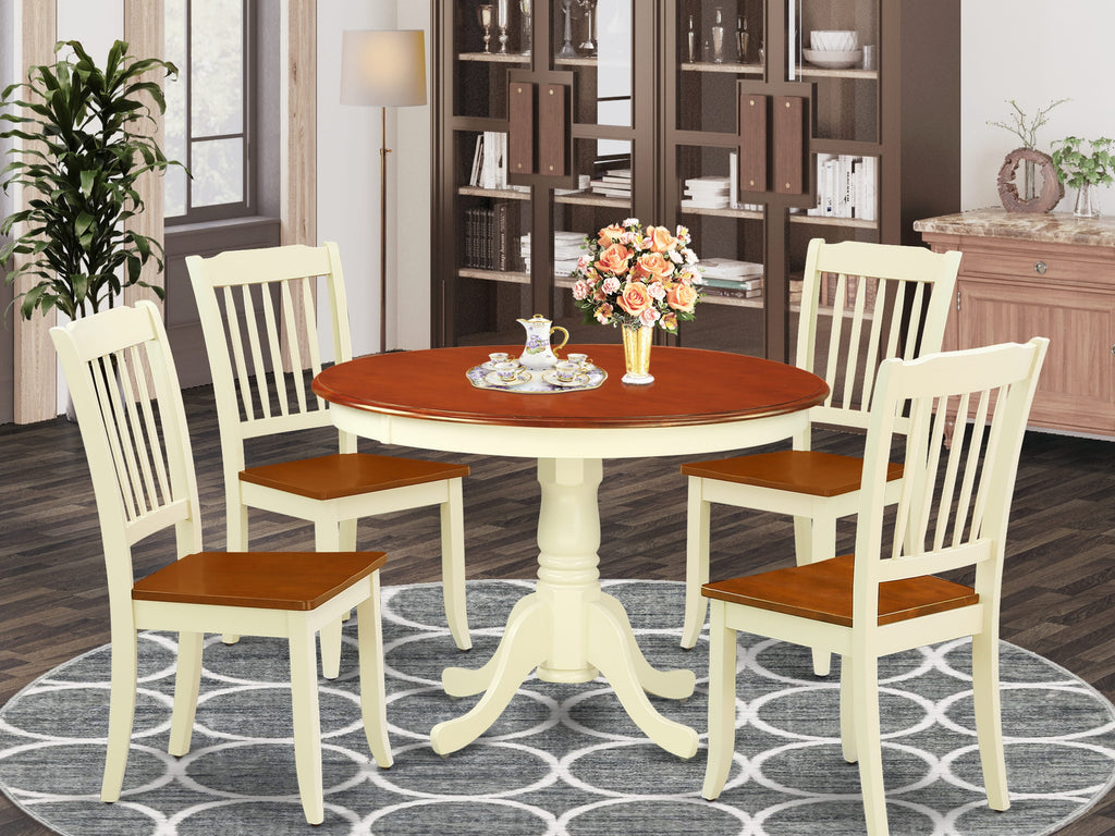 HLDA5-VZS-8 Delightful 5-Piece Dining Ensemble with Round Table & 4 Chairs, Elegant Ivory & Cherry