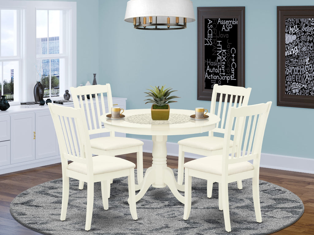 HLDA5-PAK-6 Ensemble 5 Piece Dining Collection with Round Table and 4 Elegant Chairs in Linen Upholsters, Lux White Finish, 42 Table Surface