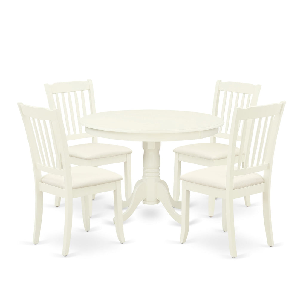 HLDA5-PAK-6 Ensemble 5 Piece Dining Collection with Round Table and 4 Elegant Chairs in Linen Upholsters, Lux White Finish, 42 Table Surface