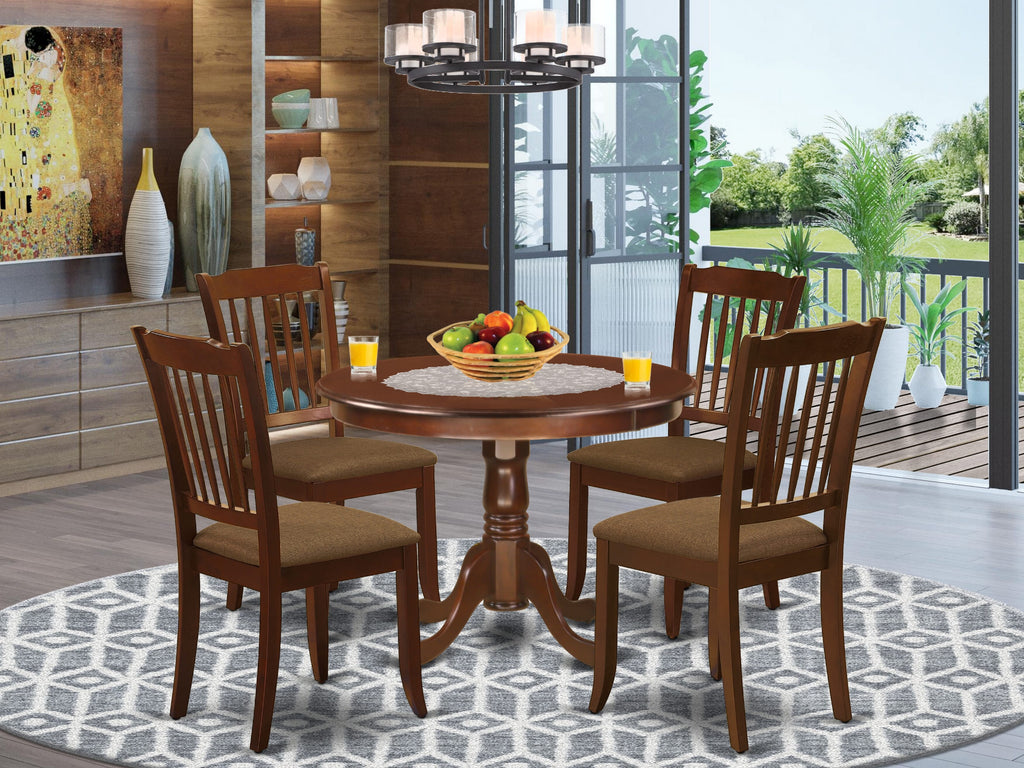 HLDA5-JR3-5 Elegant 5-Piece Dining Set with Round Table and Linen Chairs for Four, Mahogany Finish, 42x42 Inches