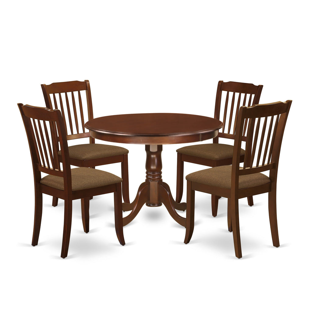 HLDA5-JR3-5 Elegant 5-Piece Dining Set with Round Table and Linen Chairs for Four, Mahogany Finish, 42x42 Inches