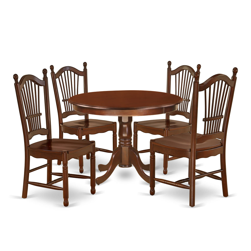 HLDO5-EQO-Q 5-Piece Dining Ensemble Elegant Pedestal Table with Chairs, Mahogany Finish, 42x42