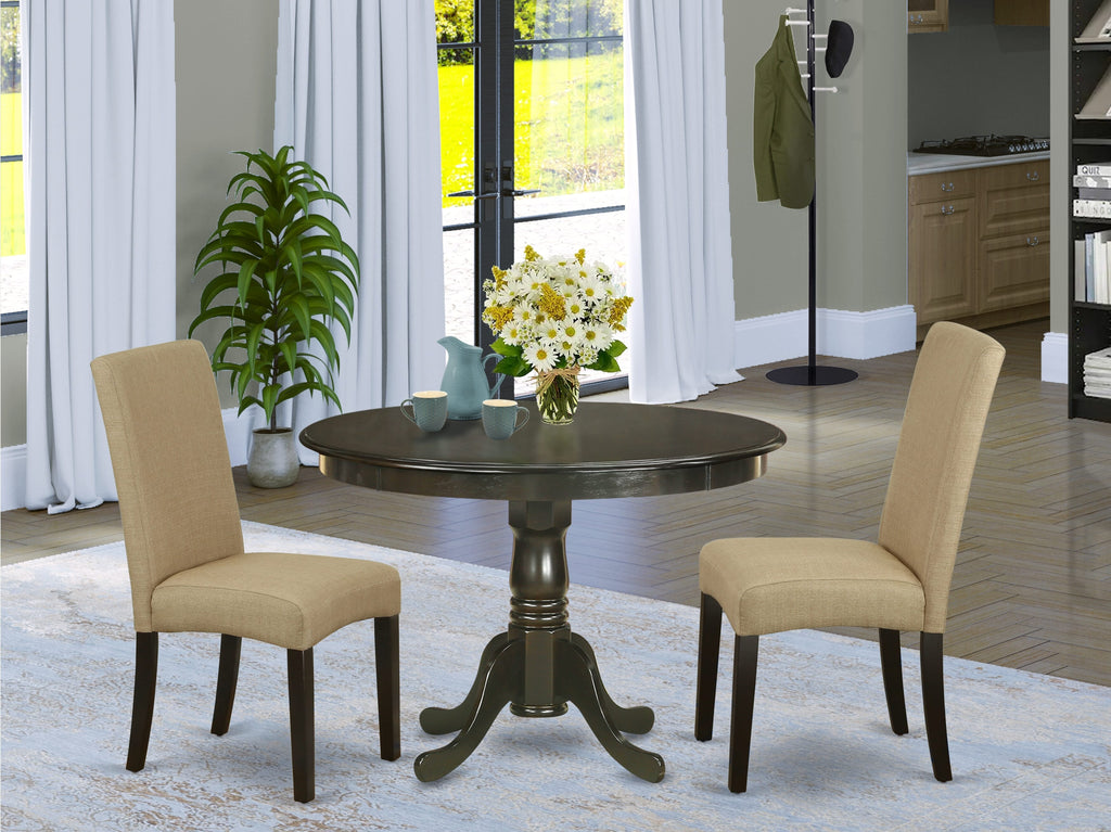 HLDR3-LYD-SD Dining Set with Round Pedestal Table and 2 Upholstered Chairs, 42x42 Cappuccino