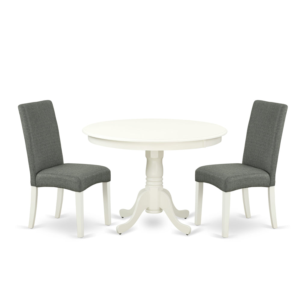 HLDR3-2M2-P8 3-Piece Dining Set with Round Pedestal Table and Two Linen Parsons Chairs 42x42, White & Gray