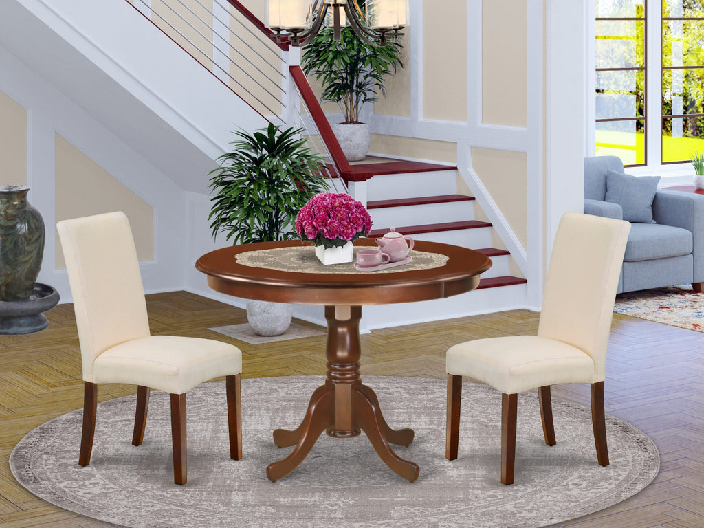 HLDR3-WD9-AP Contemporary 3-Piece Dining Set Circular Wooden Table & 2 Cream Fabric Chairs, Mahogany Finish