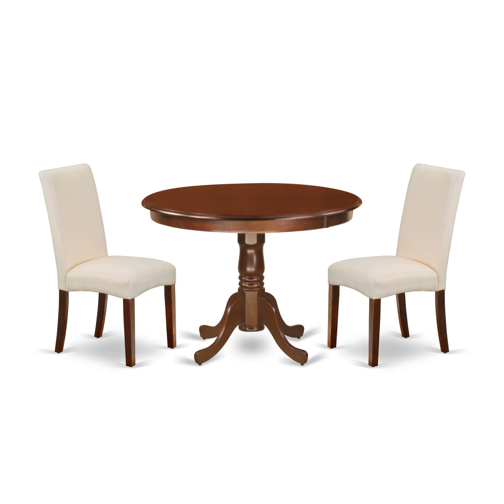 HLDR3-WD9-AP Contemporary 3-Piece Dining Set Circular Wooden Table & 2 Cream Fabric Chairs, Mahogany Finish