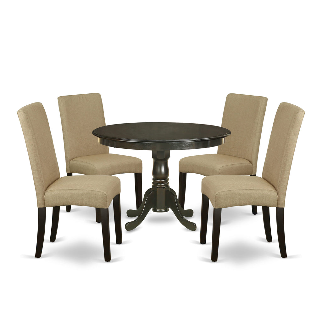 HLDR5-I70-LP Elegant 5-Piece Dining Ensemble with 42 Pedestal Table & 4 Upholstered Parson Chairs, Cappuccino Finish