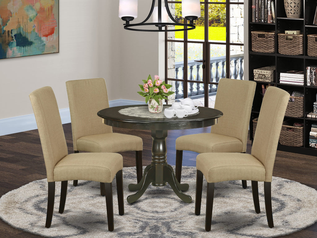 HLDR5-I70-LP Elegant 5-Piece Dining Ensemble with 42 Pedestal Table & 4 Upholstered Parson Chairs, Cappuccino Finish