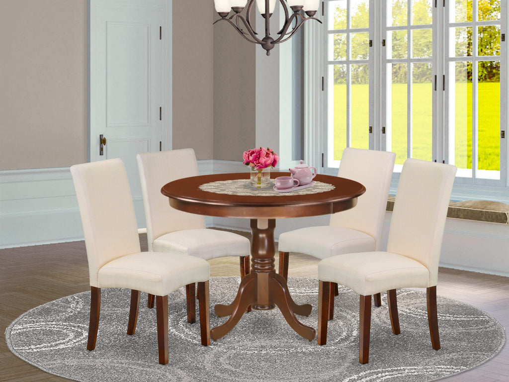 HLDR5-4IW-XY 5-Piece Dining Ensemble with Round Table and Creamy Upholstered Chairs, Mahogany Finish