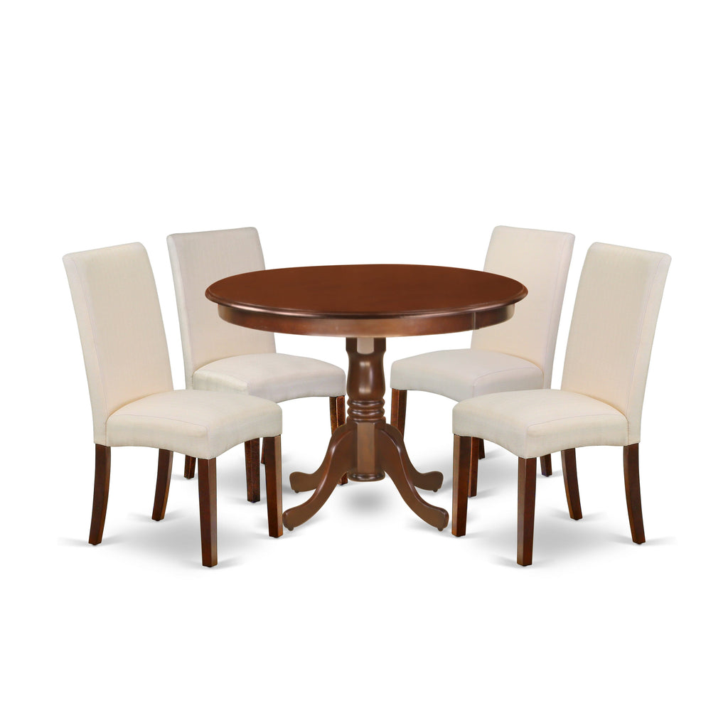 HLDR5-4IW-XY 5-Piece Dining Ensemble with Round Table and Creamy Upholstered Chairs, Mahogany Finish