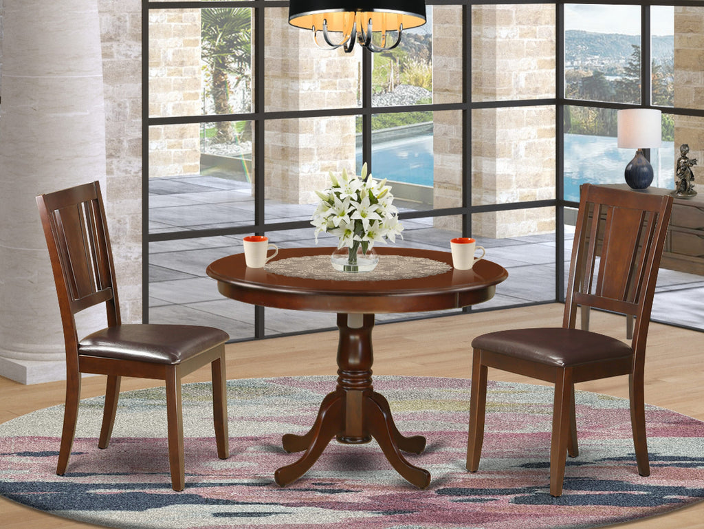 HLDU3-3SU-V2 Cozy 3-Piece Dining Set for Compact Areas with Round Bistro Table and 2 Faux Leather Chairs, 42-inch Mahogany Finish