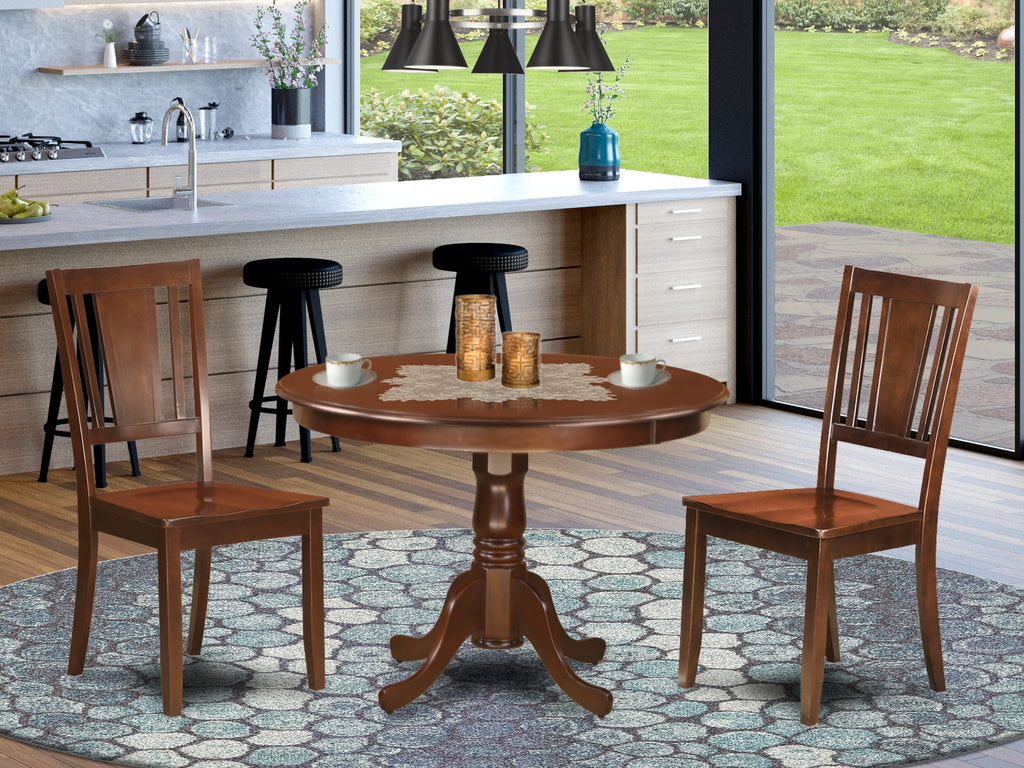 HLDU3-D4N-N 3-Piece Dining Set with Round Table & Chairs, Elegant Mahogany Finish