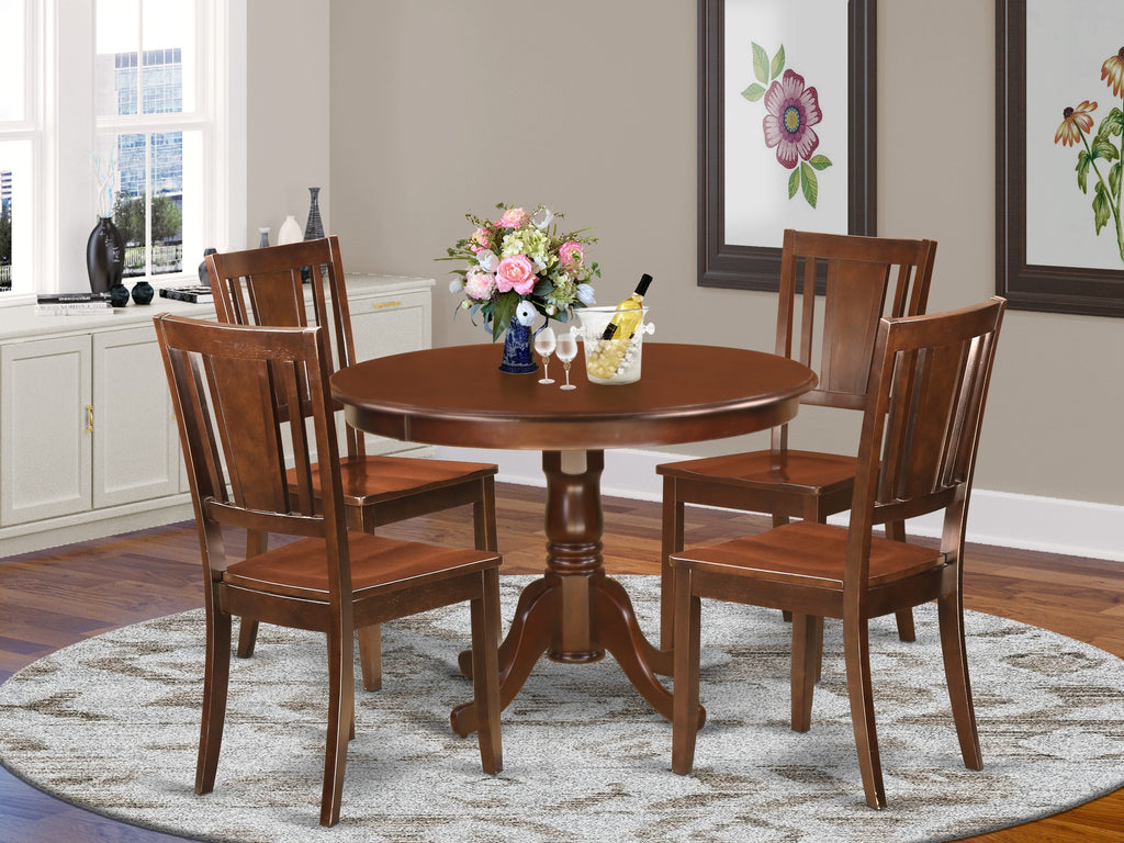 HLDU5-7ET-6 Elegant Mahogany Round Dining Set with 4 Kitchen Seats, Spacious 42-Inch Pedestal Table 5-Piece Ensemble