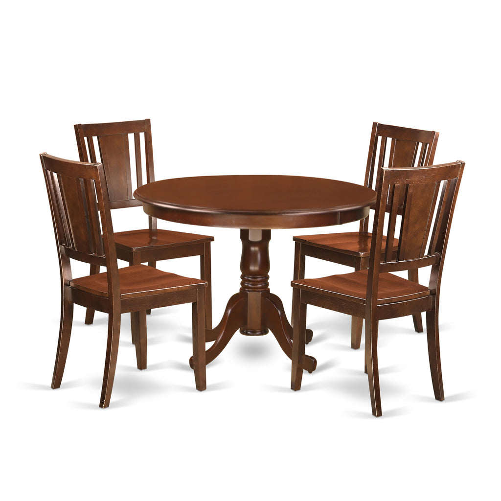 HLDU5-7ET-6 Elegant Mahogany Round Dining Set with 4 Kitchen Seats, Spacious 42-Inch Pedestal Table 5-Piece Ensemble