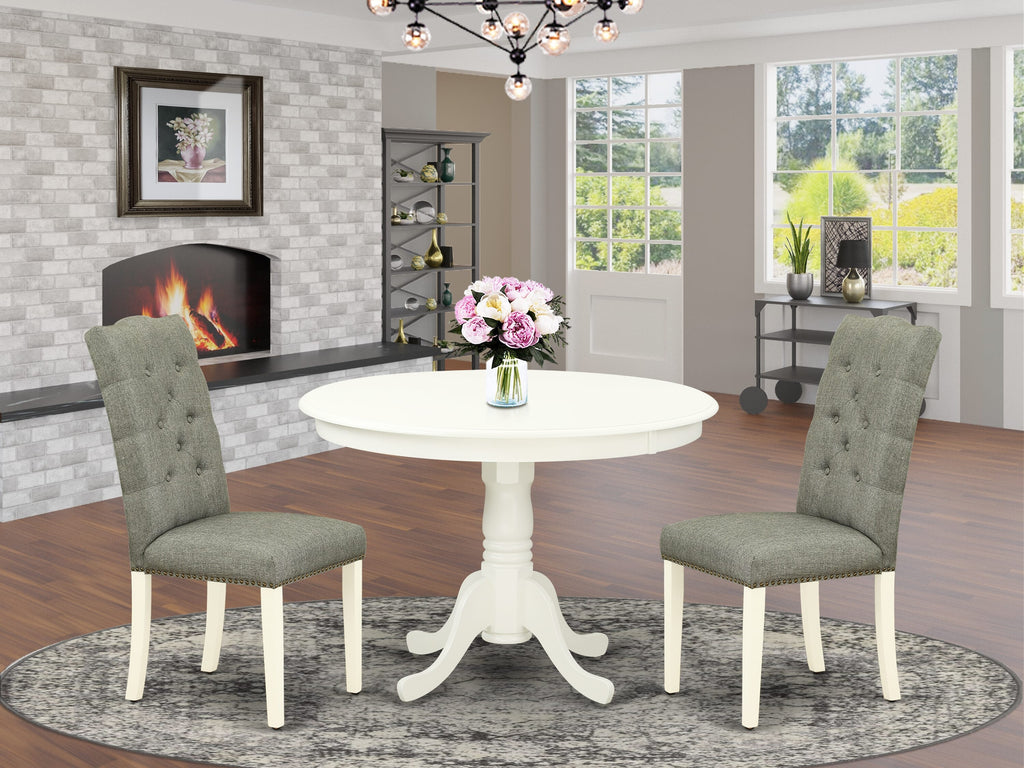 HLEL3-DUV-ON 3-Piece Round Kitchen Set with Pedestal & 2 Gray Linen Parsons Chairs, 42-Inch, White Linen Finish