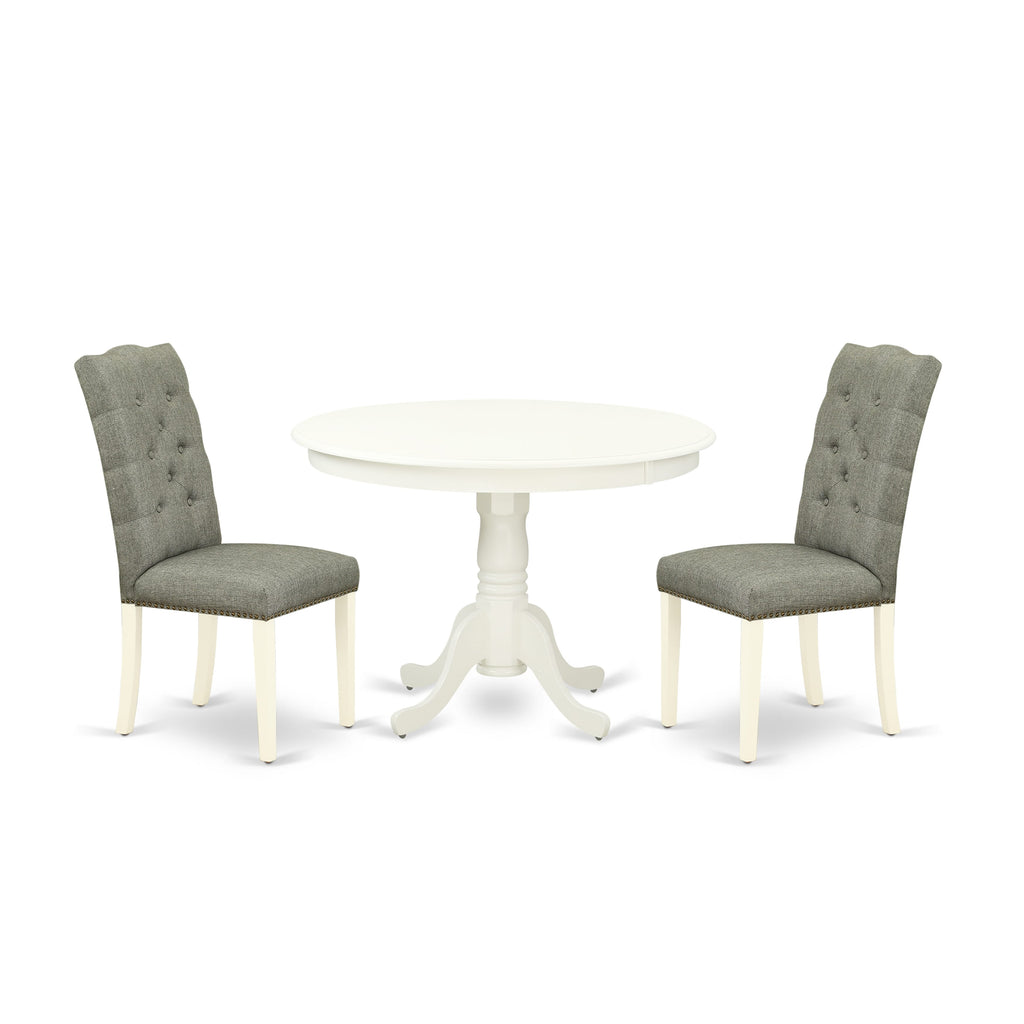 HLEL3-DUV-ON 3-Piece Round Kitchen Set with Pedestal & 2 Gray Linen Parsons Chairs, 42-Inch, White Linen Finish