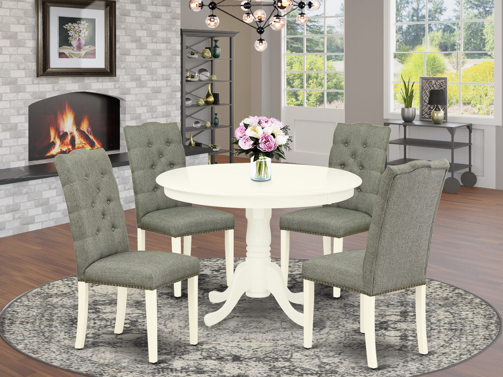HLEL5-6NI-J8 Deluxe 5-Piece Round Table Set with Pedestal Base & 4 Gray Parson Chairs, 42-inch White