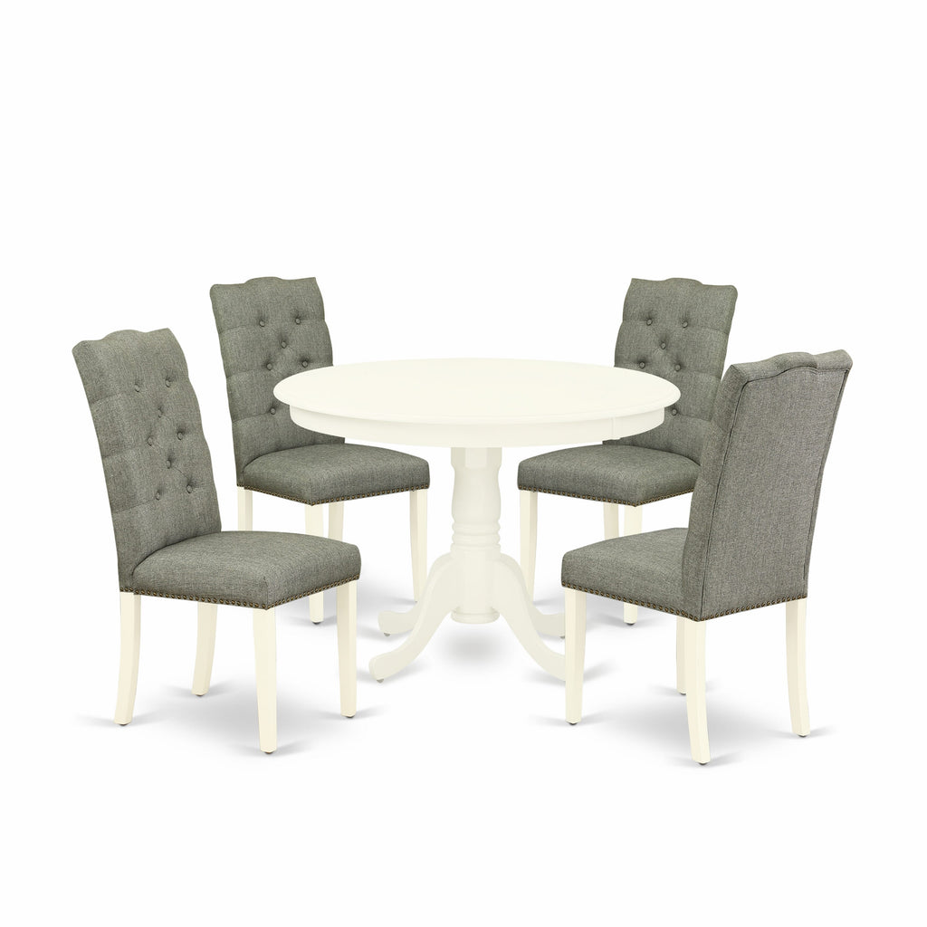 HLEL5-6NI-J8 Deluxe 5-Piece Round Table Set with Pedestal Base & 4 Gray Parson Chairs, 42-inch White