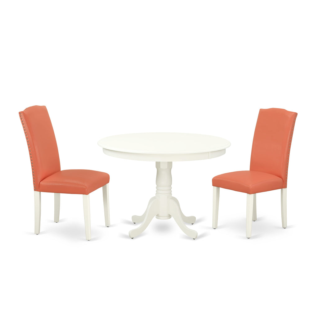 HLEN3-EOJ-24 Elegant 3-Piece Set with Circular Table and Flamingo Pink Leather Seats, Linen Finish
