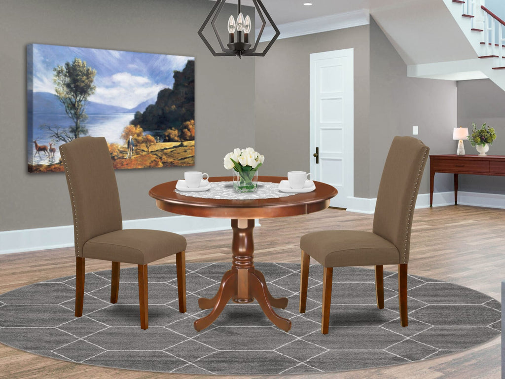 Three-Piece Dining Ensemble for Cozy Areas - HLEN3-7E6-55 - Features Round Table with Pedestal Base and Two Chic Linen Upholstered Chairs in Dark Espresso
