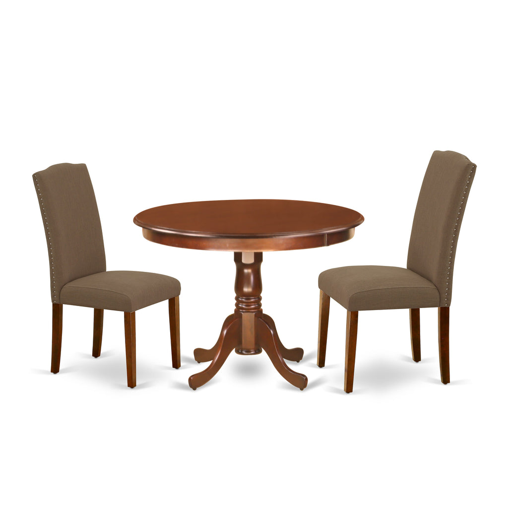 Three-Piece Dining Ensemble for Cozy Areas - HLEN3-7E6-55 - Features Round Table with Pedestal Base and Two Chic Linen Upholstered Chairs in Dark Espresso