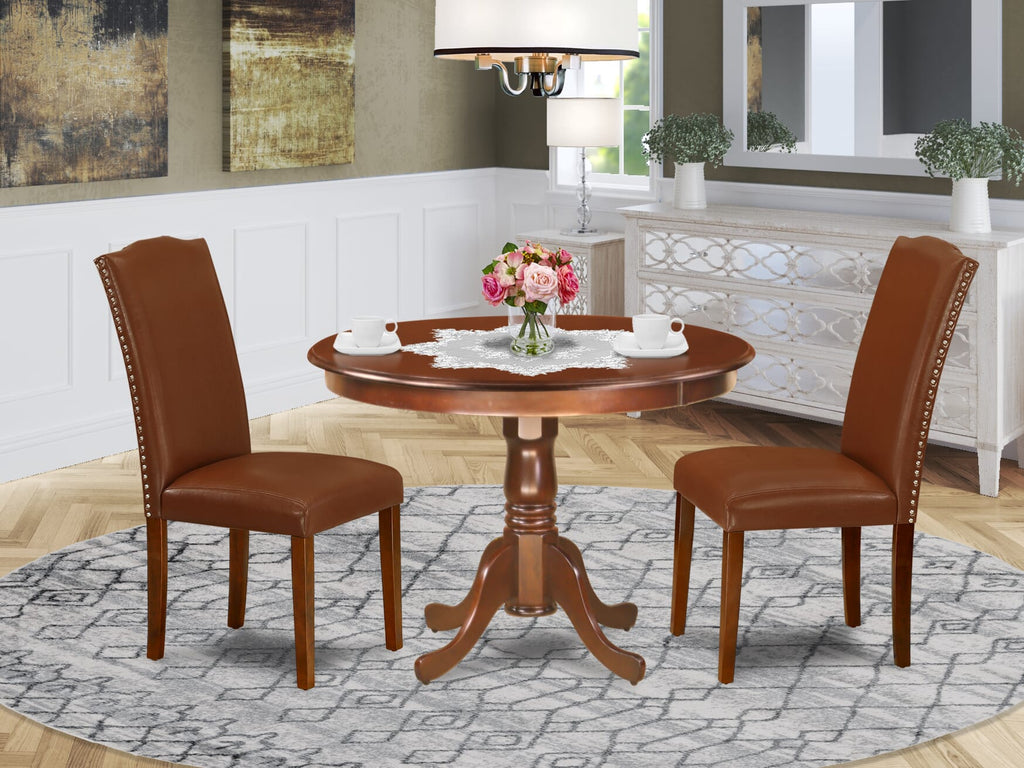 HLEN3-Q1Q-8E 3-Piece Round Table Set for Compact Areas with Pedestal and 2 Faux Leather Brown Chairs, 42-Inch Mahogany