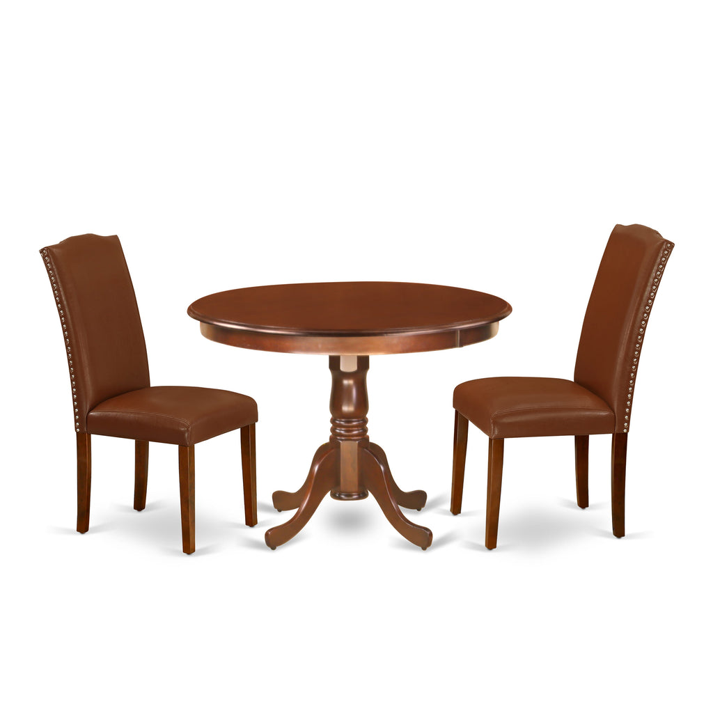 HLEN3-Q1Q-8E 3-Piece Round Table Set for Compact Areas with Pedestal and 2 Faux Leather Brown Chairs, 42-Inch Mahogany