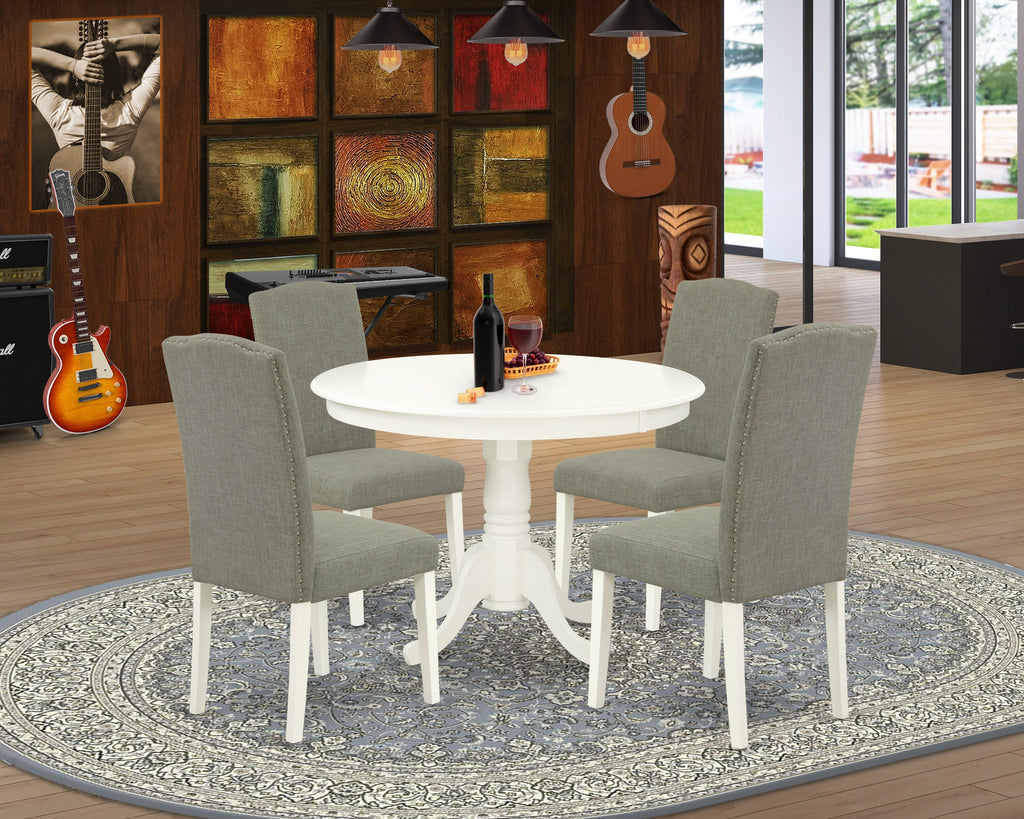 HLEN5-DAY-VV Round Dining Set in Linen White with 4 Shitake Upholstered Chairs, Pedestal