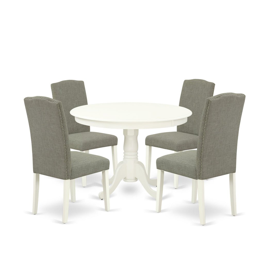 HLEN5-DAY-VV Round Dining Set in Linen White with 4 Shitake Upholstered Chairs, Pedestal