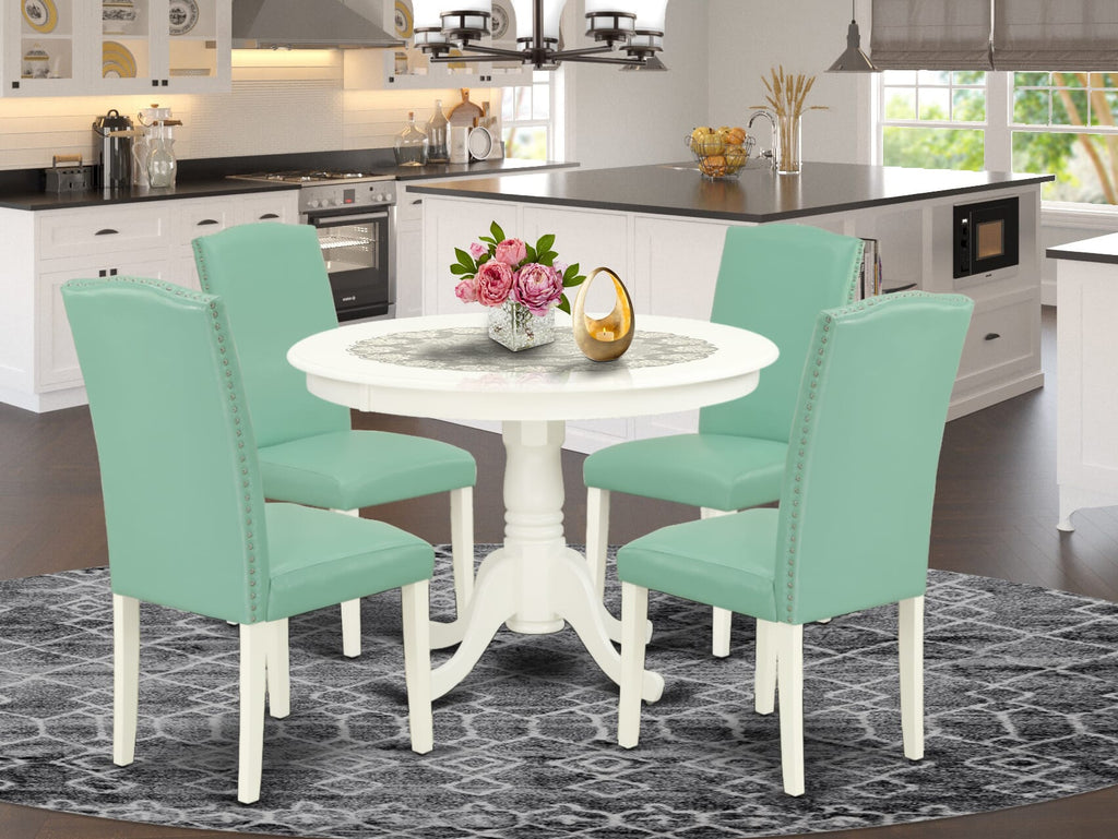 Dining Room Set HLEN5-RE6-XL 5-Piece Collection with Pedestal Table & 4 Faux Leather Parson Chairs, 42x42, White