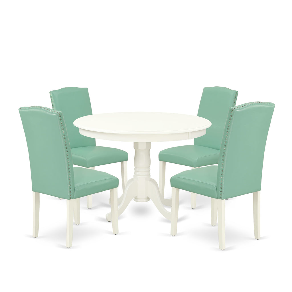 Dining Room Set HLEN5-RE6-XL 5-Piece Collection with Pedestal Table & 4 Faux Leather Parson Chairs, 42x42, White