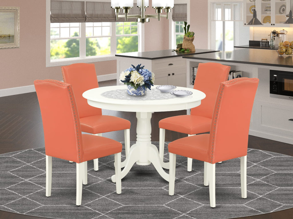 HLEN5-ZBD-YB 5-Piece Dining Ensemble with Circular Pedestal Table and 4 Faux Flamingo Leather Dining Chairs, 42 Light Linen Finish