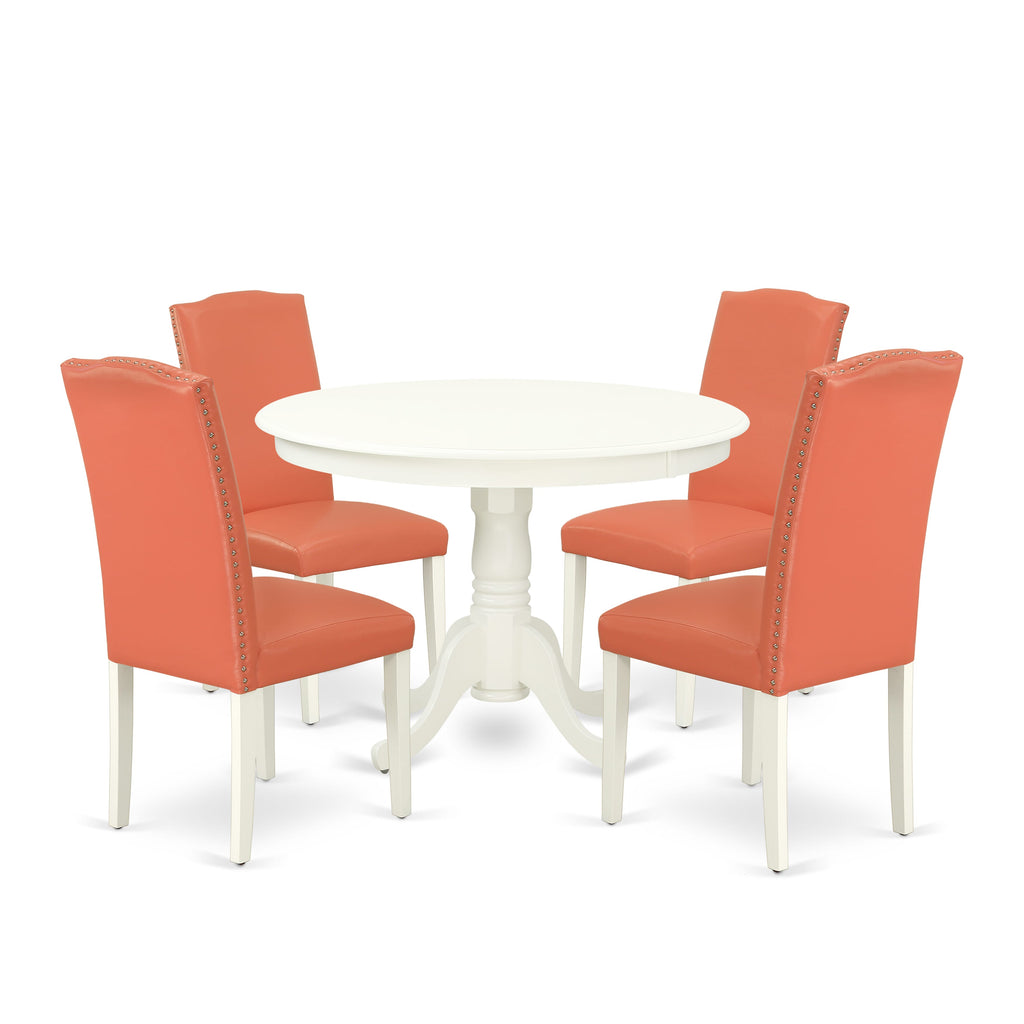 HLEN5-ZBD-YB 5-Piece Dining Ensemble with Circular Pedestal Table and 4 Faux Flamingo Leather Dining Chairs, 42 Light Linen Finish