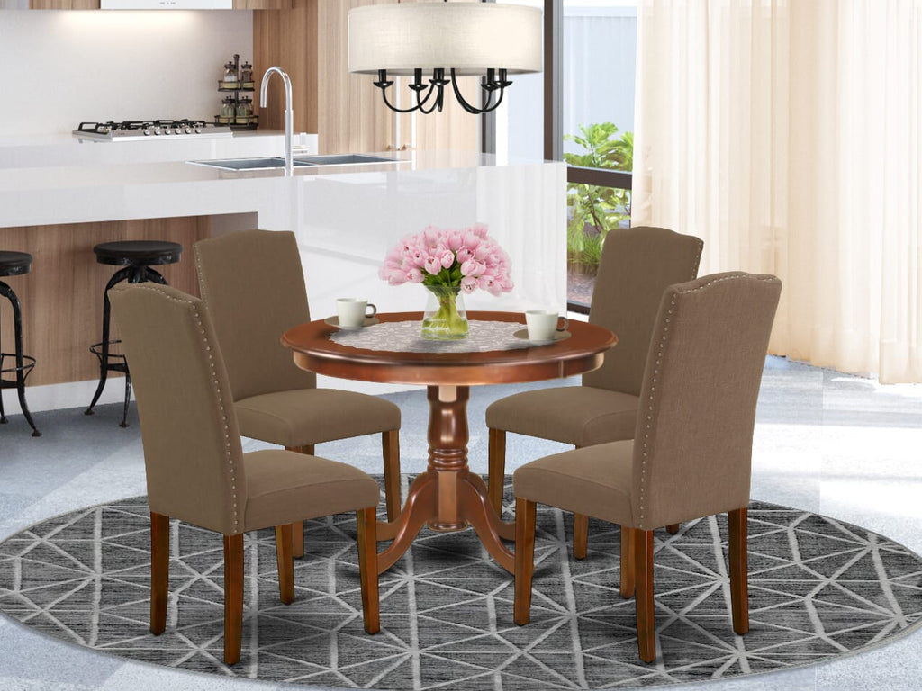 HLEN5-R2D-62 5-Piece Dining Set with Round Table and 4 Linen Fabric Chairs, 42x42, Mahogany Blend and Coffee