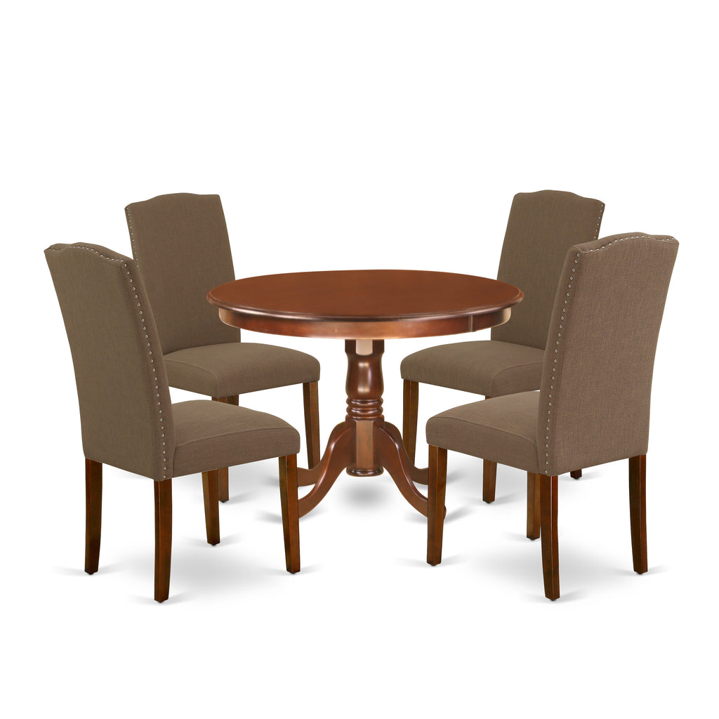 HLEN5-R2D-62 5-Piece Dining Set with Round Table and 4 Linen Fabric Chairs, 42x42, Mahogany Blend and Coffee