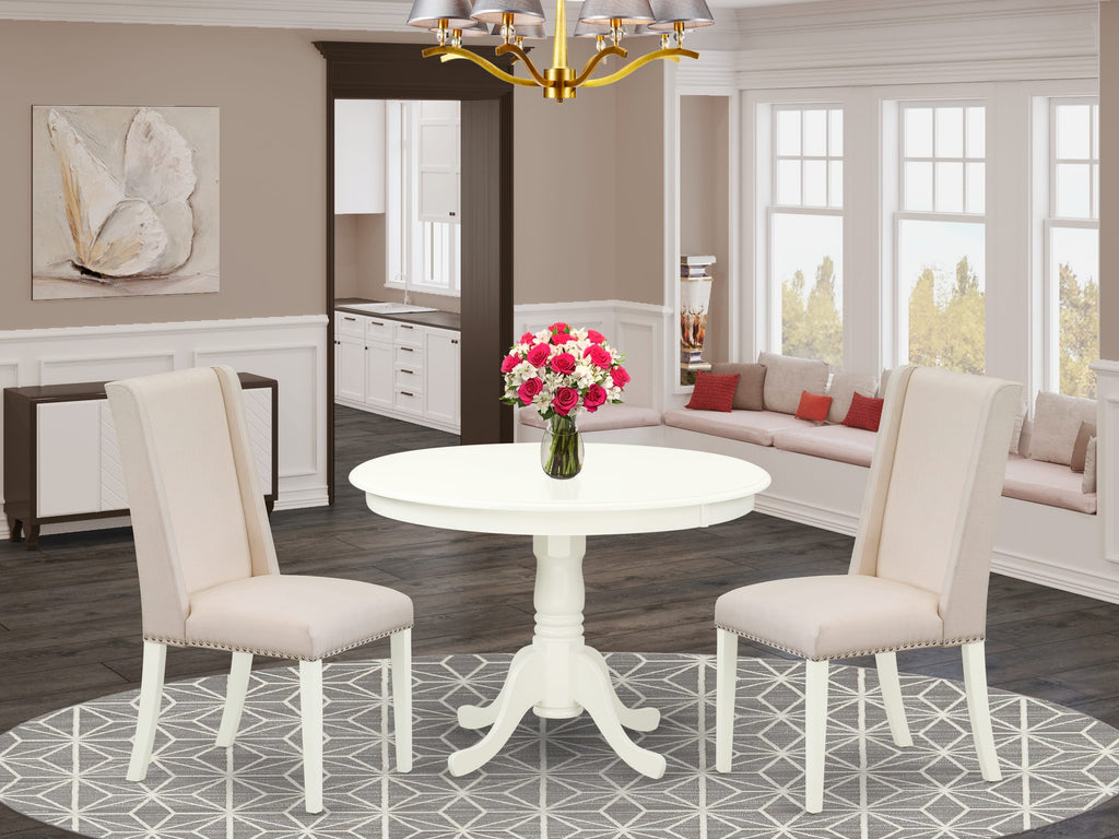HLFL3-ETW-D4 3-Piece Chic Round Dining Table Ensemble with Elegant Pedestal and Cream Linen Chairs, 42