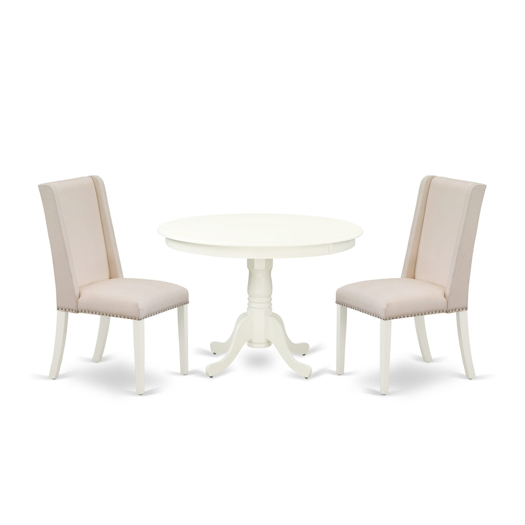 HLFL3-ETW-D4 3-Piece Chic Round Dining Table Ensemble with Elegant Pedestal and Cream Linen Chairs, 42
