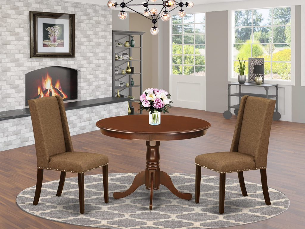 HLFL3-GW4-72 3-Piece Dining Ensemble with Round Wood Table & 2 Linen Upholstered Chairs