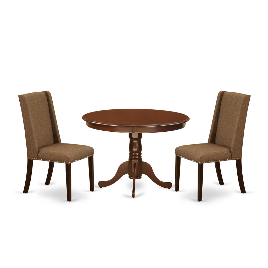 HLFL3-GW4-72 3-Piece Dining Ensemble with Round Wood Table & 2 Linen Upholstered Chairs