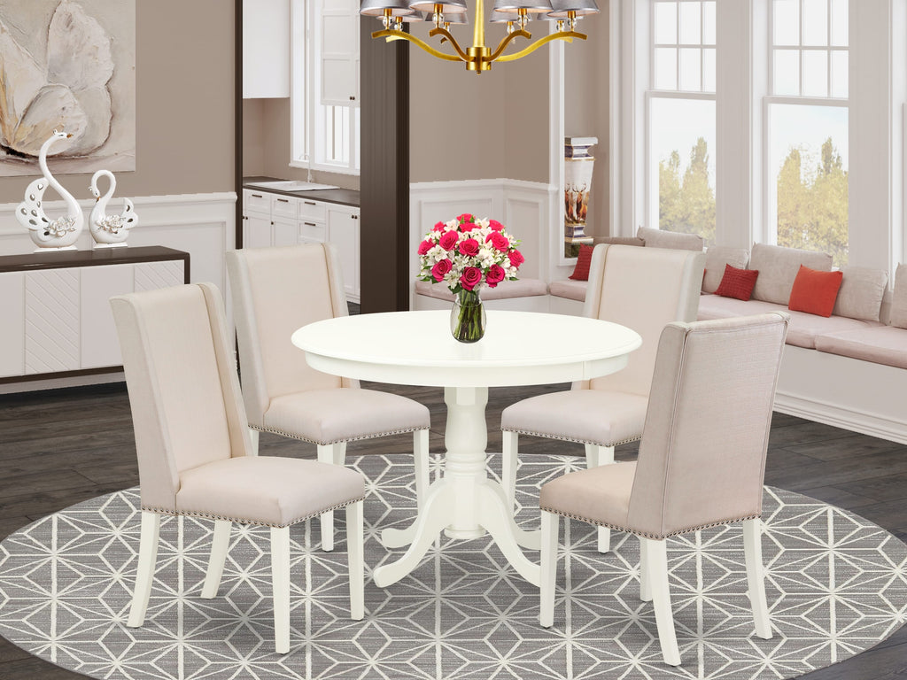 HLFL5-82S-PA 5-Piece Dining Set with Pedestal Round Table and 4 Cream Fabric Parsons Chairs, Linen White Finish, 42x42 Inches